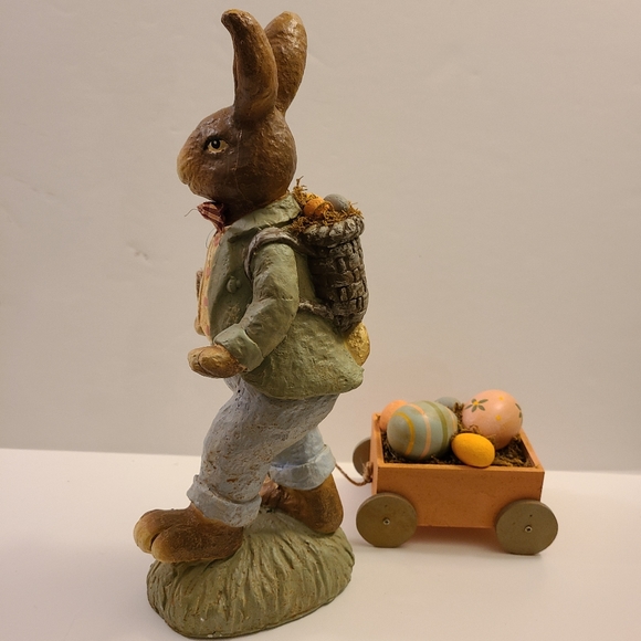 Primitive ChalkWare Tall Bunny Pulling Easter Cart 14" x5" - Picture 3 of 9